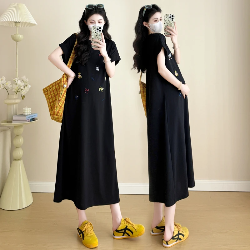 孕妇装夏季时尚卡通印花短袖T恤裙长款过膝宽松大码遮肚子连衣裙