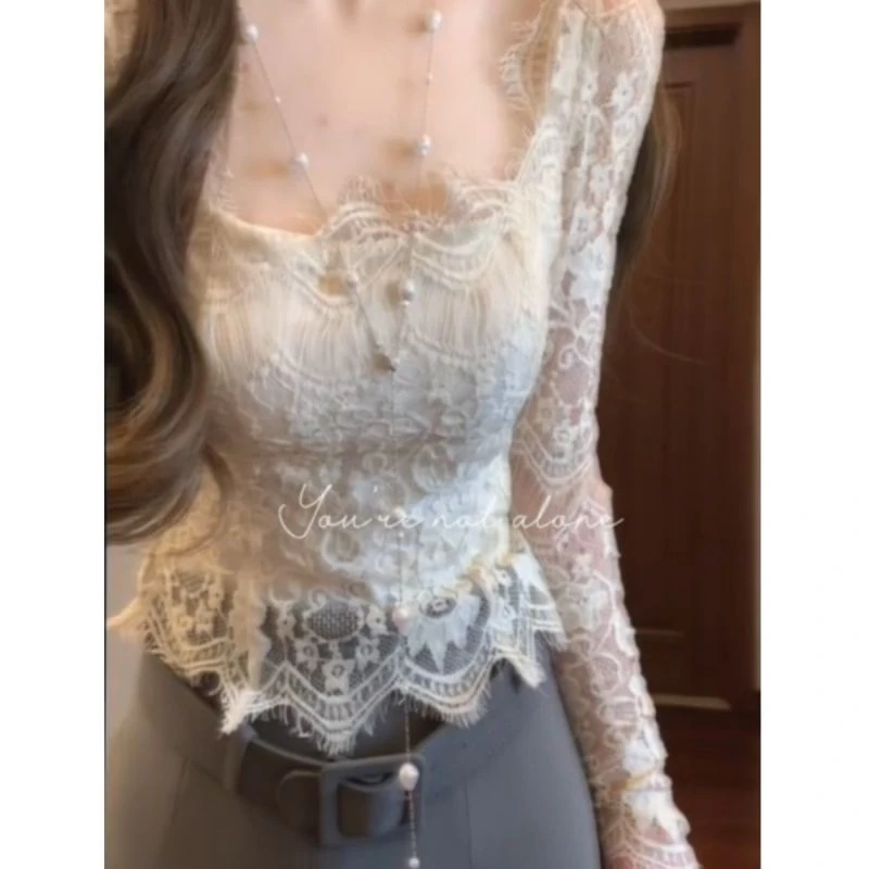 甜辣风早春上衣性感蕾丝纯欲打底衫女新款内搭外穿修身显瘦长袖