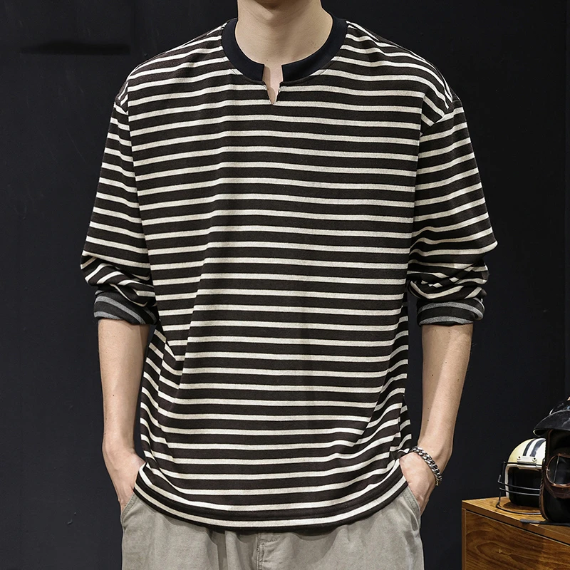 MR.MUDI/穆迪先生秋季新款长袖t恤男士V领美式大码条纹内搭打底衫