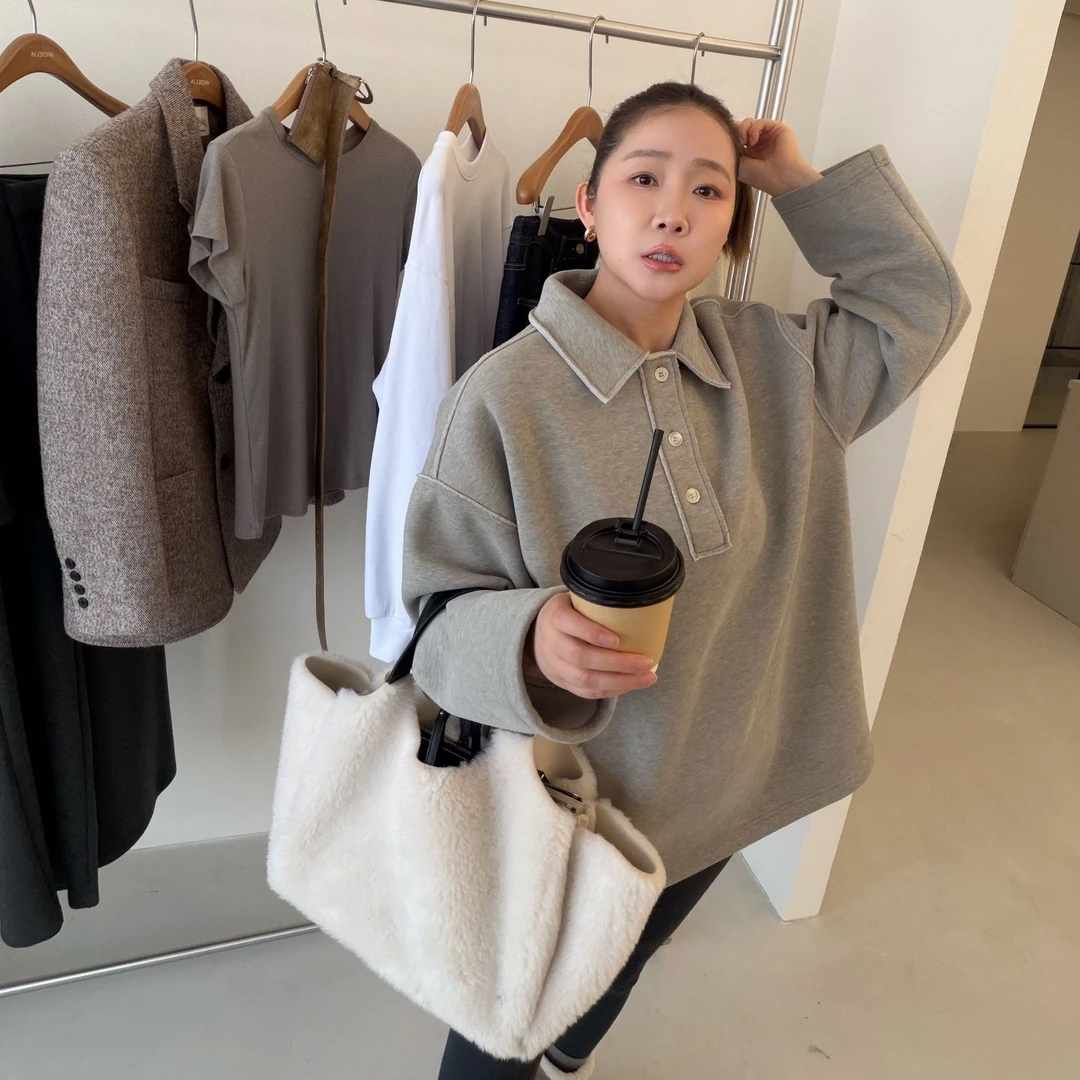 widelia秋冬8280加绒卫衣韩版宽松套头长袖翻领卫衣polo衫