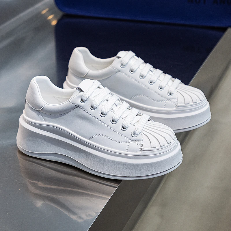 2025真皮厚底小白鞋新款百搭圆头贝壳头休闲鞋女鞋YJ8001