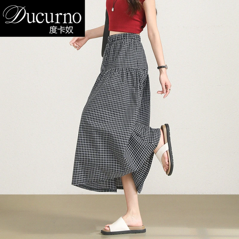 格子半身裙女夏薄款2025年新款高腰显瘦中长款a字防走光大摆伞裙