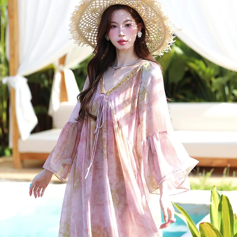 VONSRMAN感法式海边度假风碎花连衣裙粉色晕染氛围感宽松显瘦气质