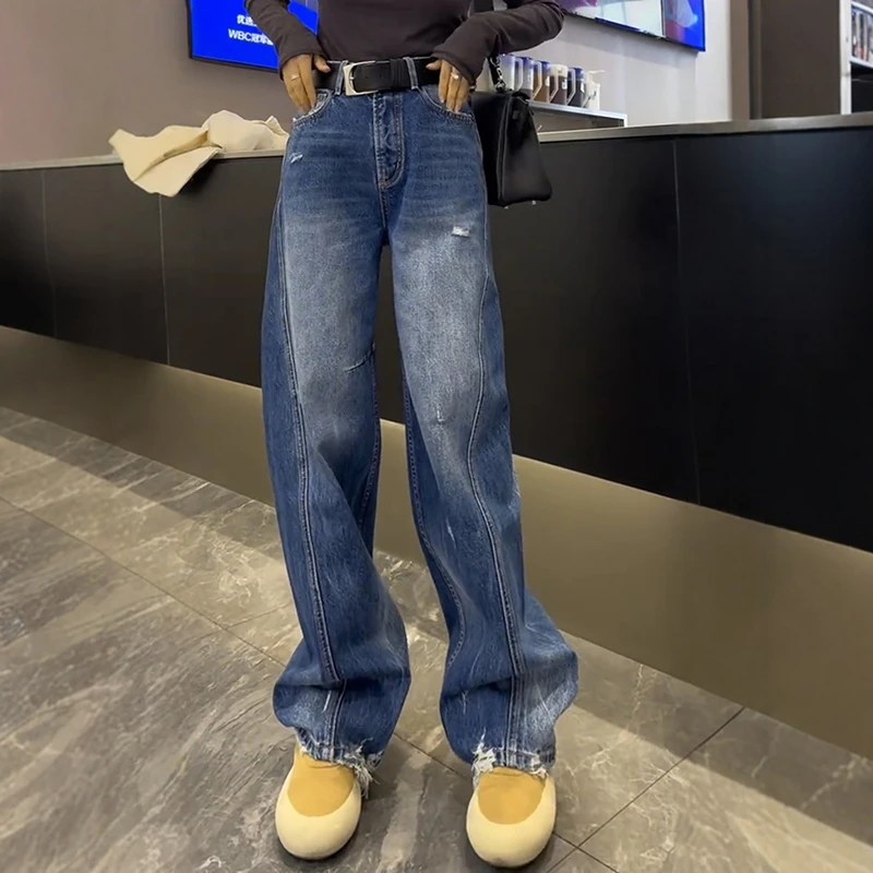 蓝色牛仔裤女2025新款春季爆款裤子高腰弯刀裤显瘦时尚宽松阔腿裤