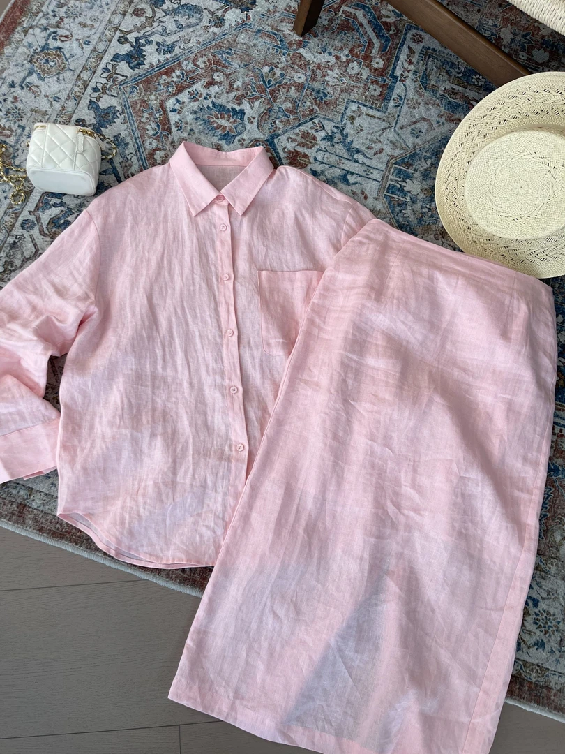 LNHJ【幻想夏日】简约休闲翻领衬衫高腰后开叉半身裙亚麻套装两件套