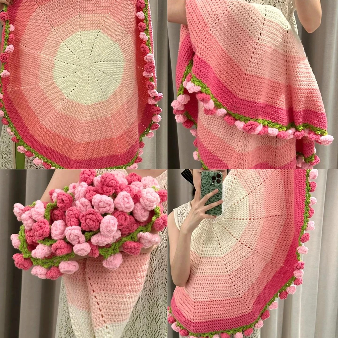 玫瑰花渐层毯花束的毯子钩织手织毛线针织手工编织自制材料包