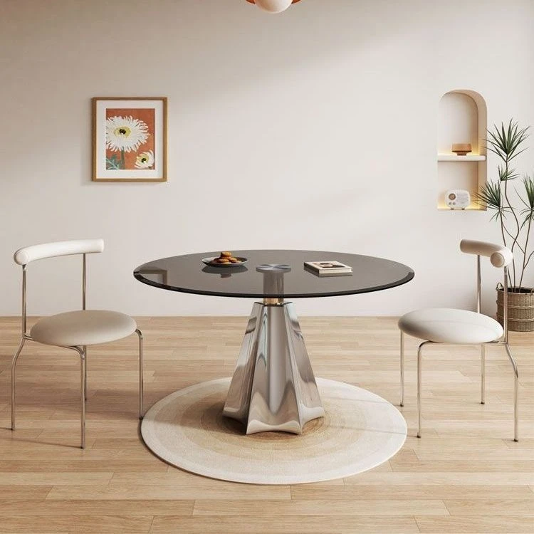 意式轻奢圆形餐桌家用洽谈现代圆桌简约小户型钢化玻璃休闲组合