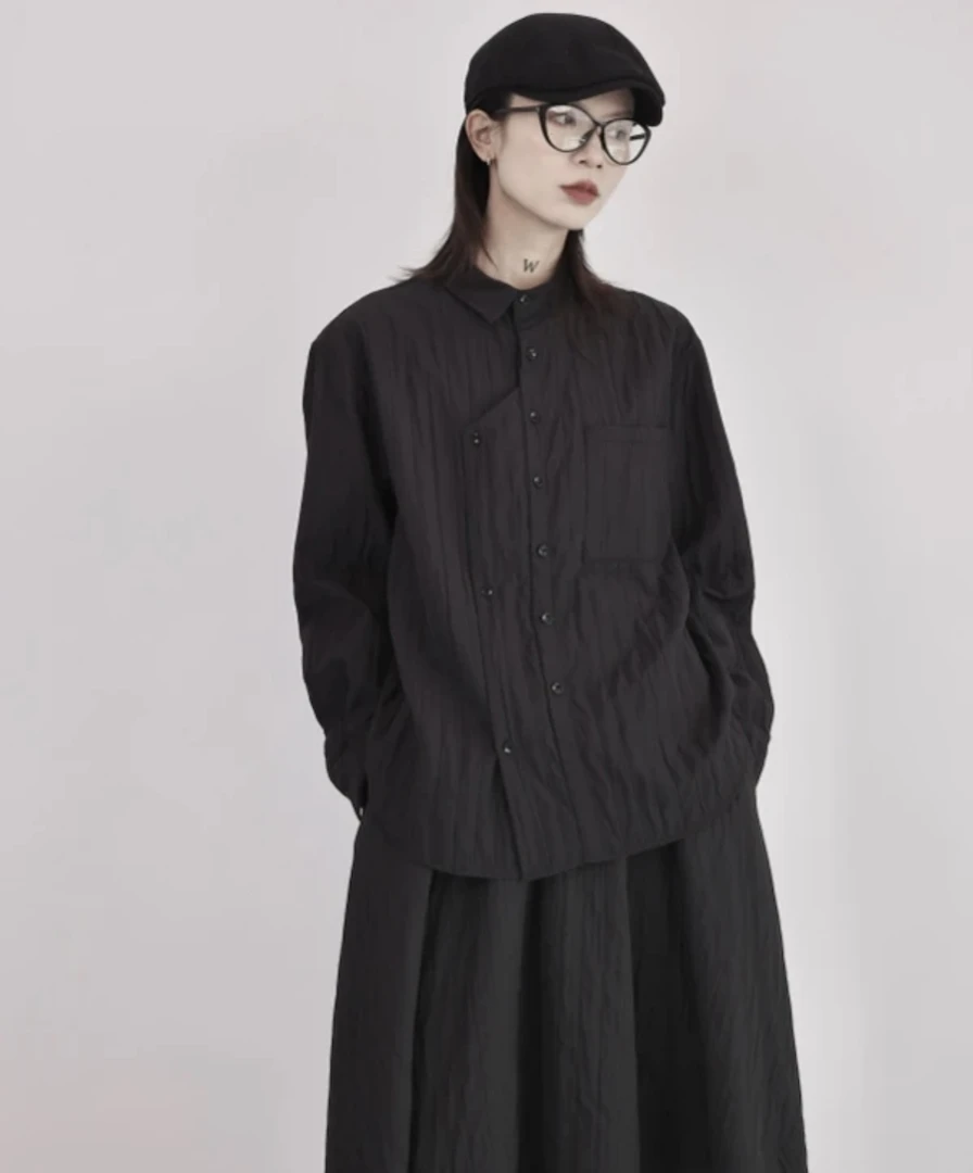 坑条小众衬衫女简约设计款长袖春款宽松