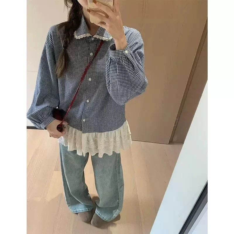 韩系复古蕾丝拼接花边格子衬衫女春季新款设计感宽松叠穿长袖衬衣
