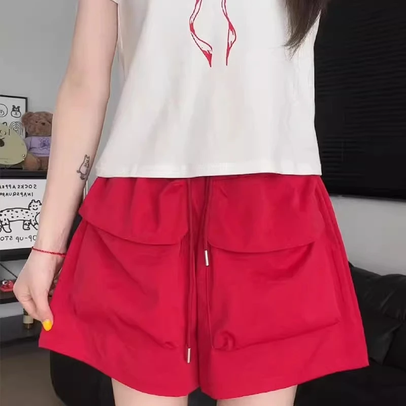 运动工装短裤女高腰显瘦夏季薄2025新款红色休闲中裤阔腿五分裤子