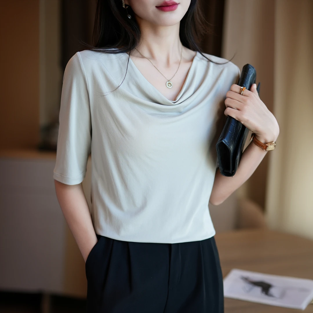 时尚新款纯色设计感丝滑真丝荡领短袖t恤女宽松显瘦桑蚕丝上衣