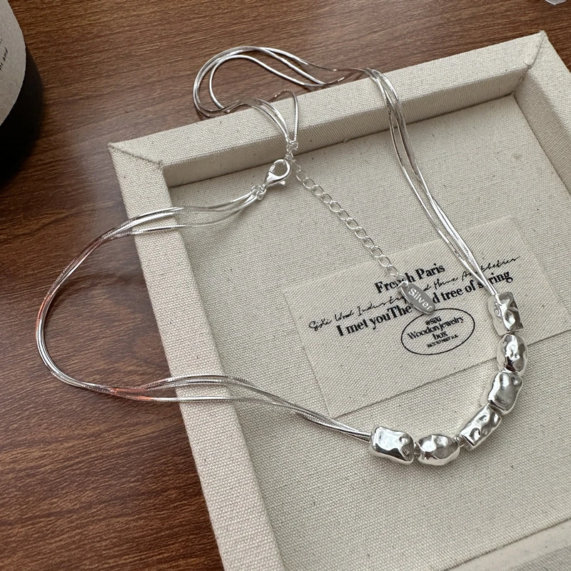 坠链均925银 韩版重工肌理感豆豆多层项链女韩国风时尚个性锁骨链