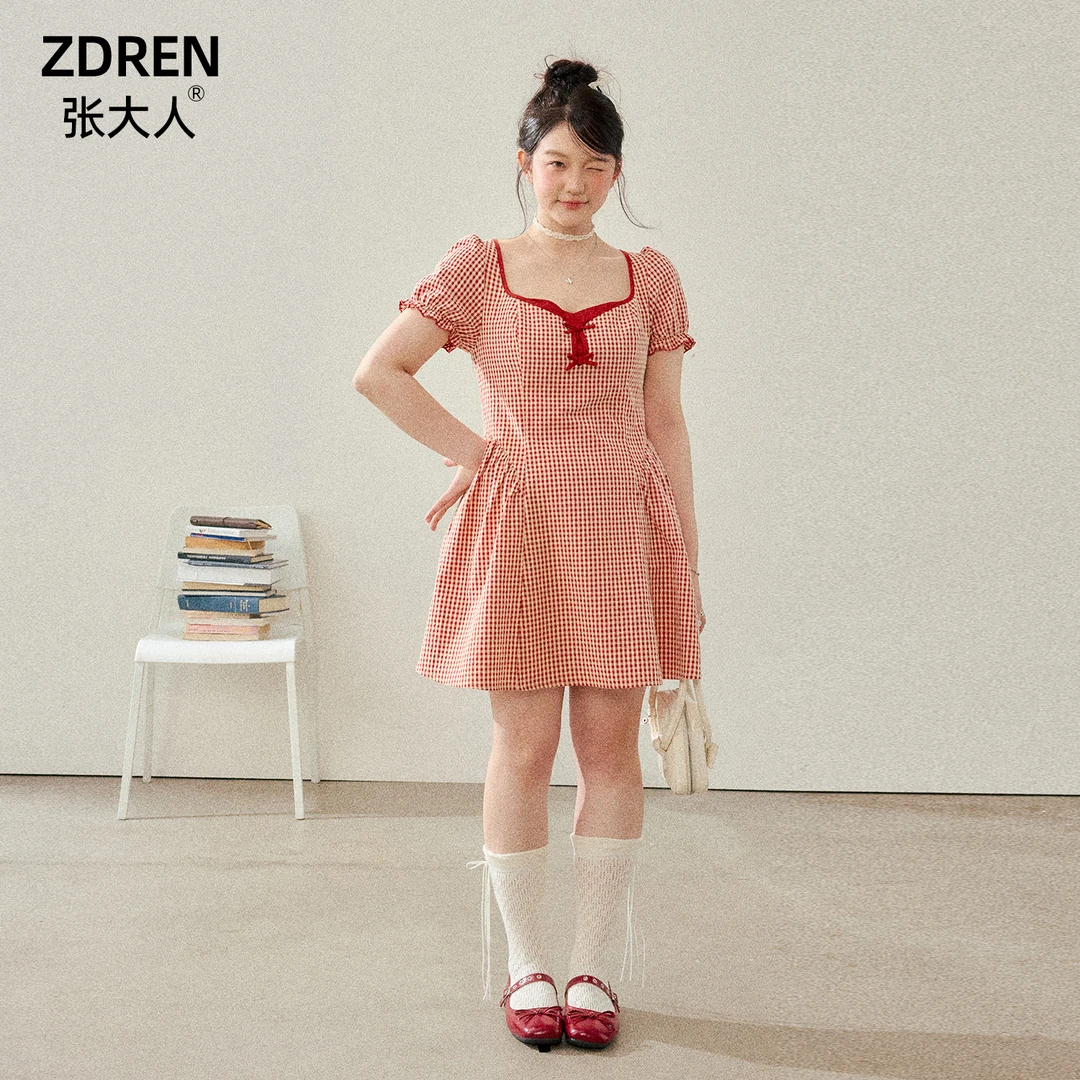 张大人【甜夏稚心】大码女装微胖妹妹韩系氧气感ins格纹夏日连衣裙