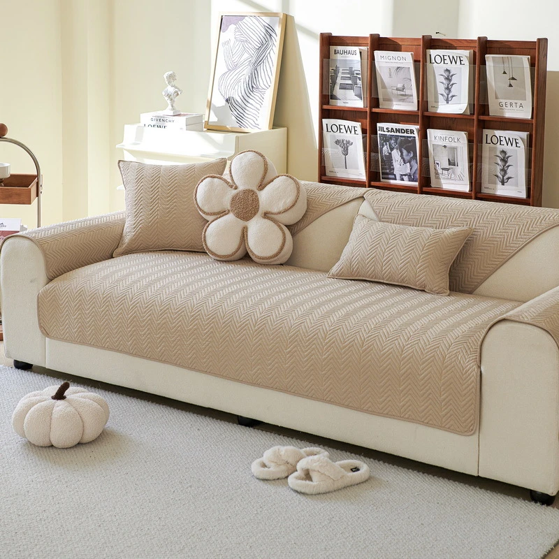 简约布艺沙发垫四季通用 新款防滑直排四人位奶油风绗缝夹棉坐垫
