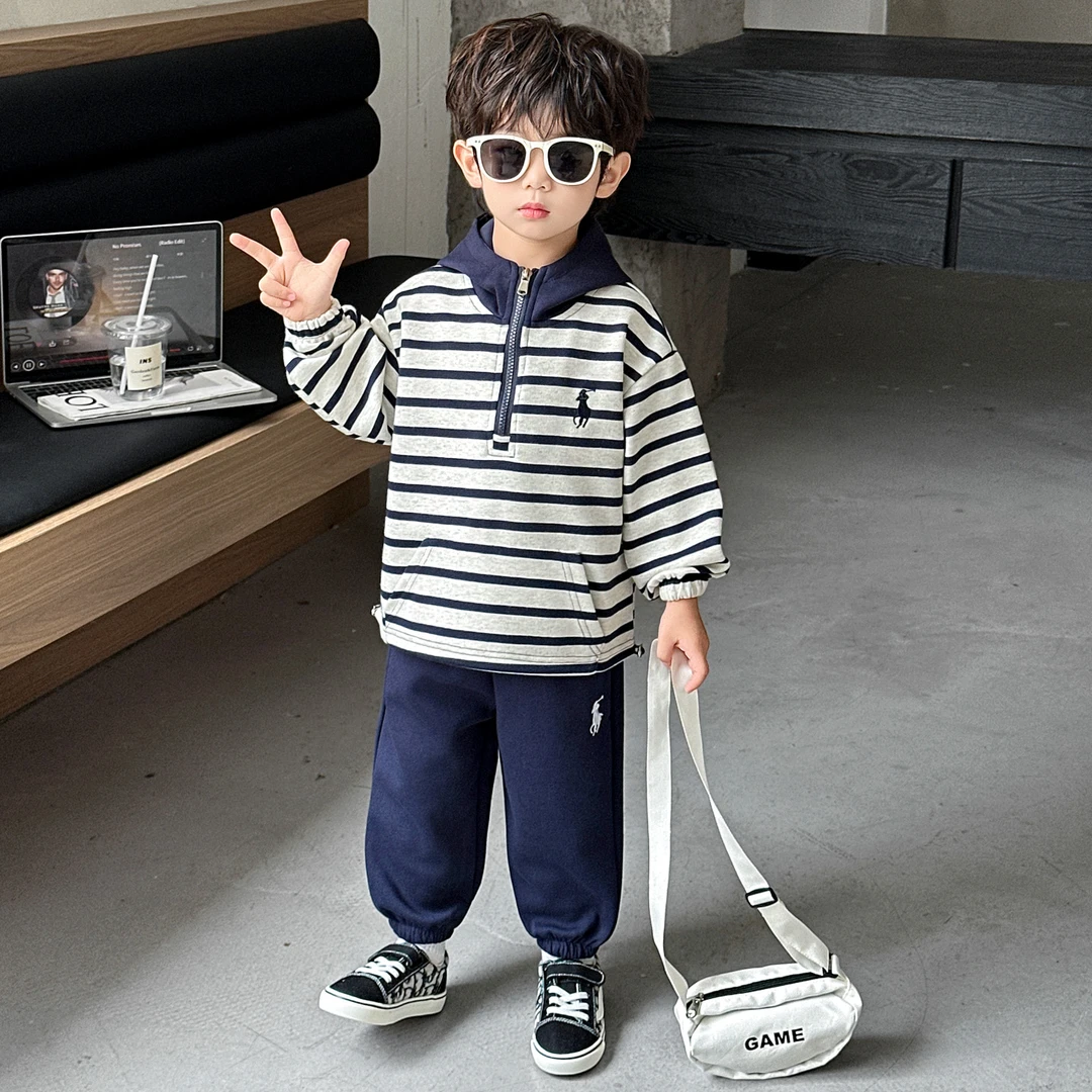 两件套男童春秋款套装2025新款儿童条纹卫衣男孩时髦酷帅运动服潮