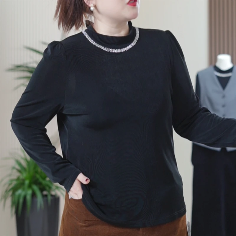 轻奢醋酸打底衫女大码弹力时尚气质优雅女人正肩半高领T恤上衣