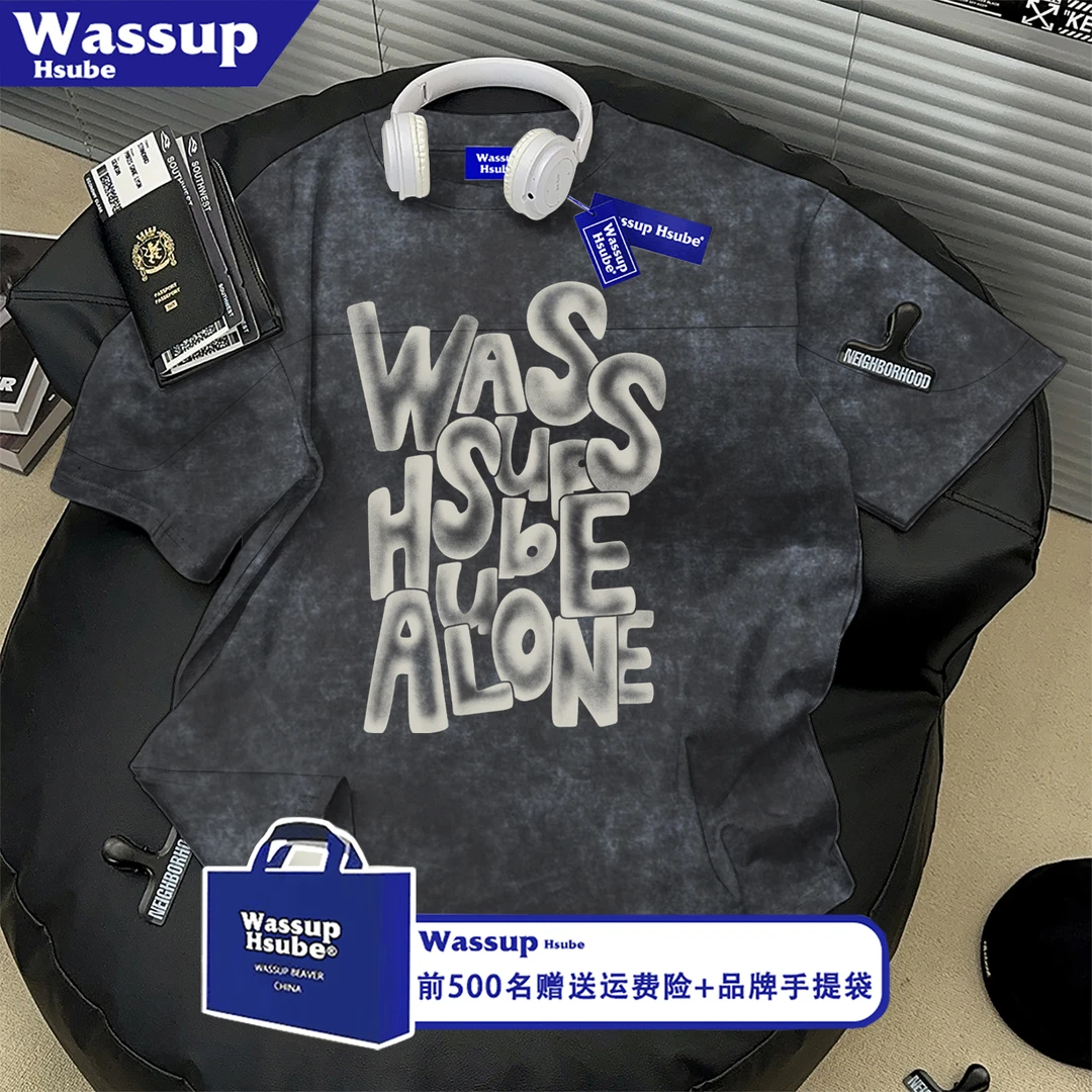 WASSUP HSUBE美式印花短袖T恤夏季男女简约宽松扎染纯棉休闲半袖