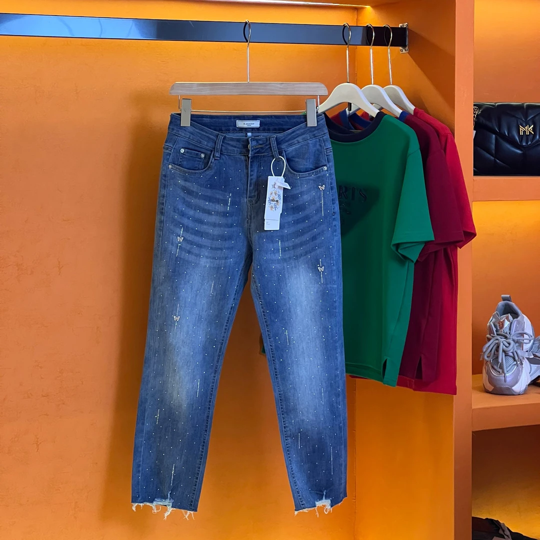 夏季轻薄弹力蓝色牛仔烟管裤直筒裤烫钻清爽九分牛仔裤面膜裤988