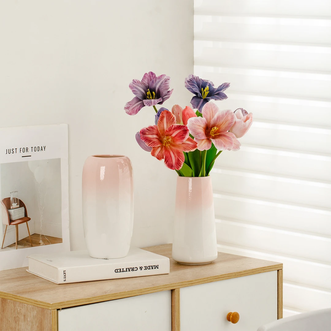 粉色渐变陶瓷花瓶高级感创意客厅插花水培餐桌仿真花装饰干花摆件