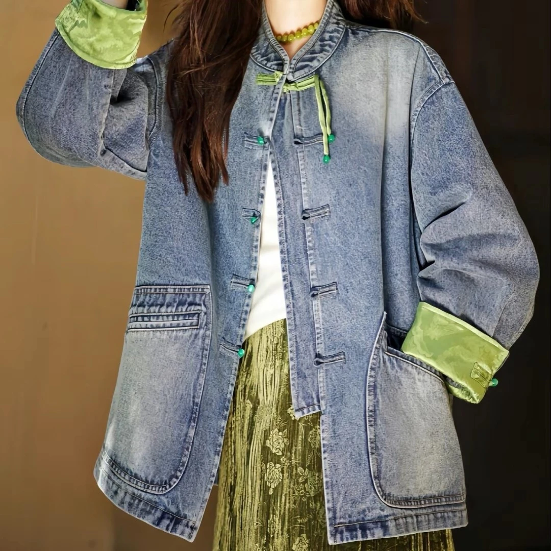 大窦窦胖妹妹大码时尚百搭休闲新中式宽松牛仔复古外套春季休闲