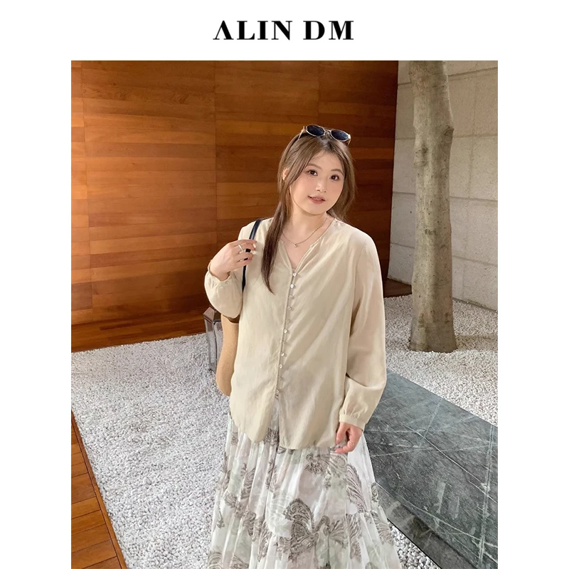 【ALINDM年中大清仓 】大码微胖mm夏季薄款法式V领衬衫女AS25791