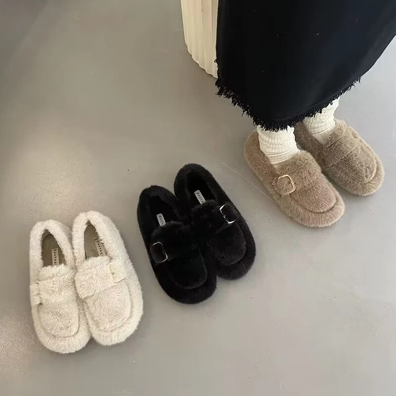 毛毛鞋女冬外穿保暖加绒加厚一脚蹬豆豆鞋仙女羊羔毛厚底大码棉鞋