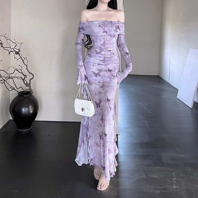 【退运补贴】浅紫色蝴蝶印花网纱一字肩连衣裙女2025新款不规则长裙