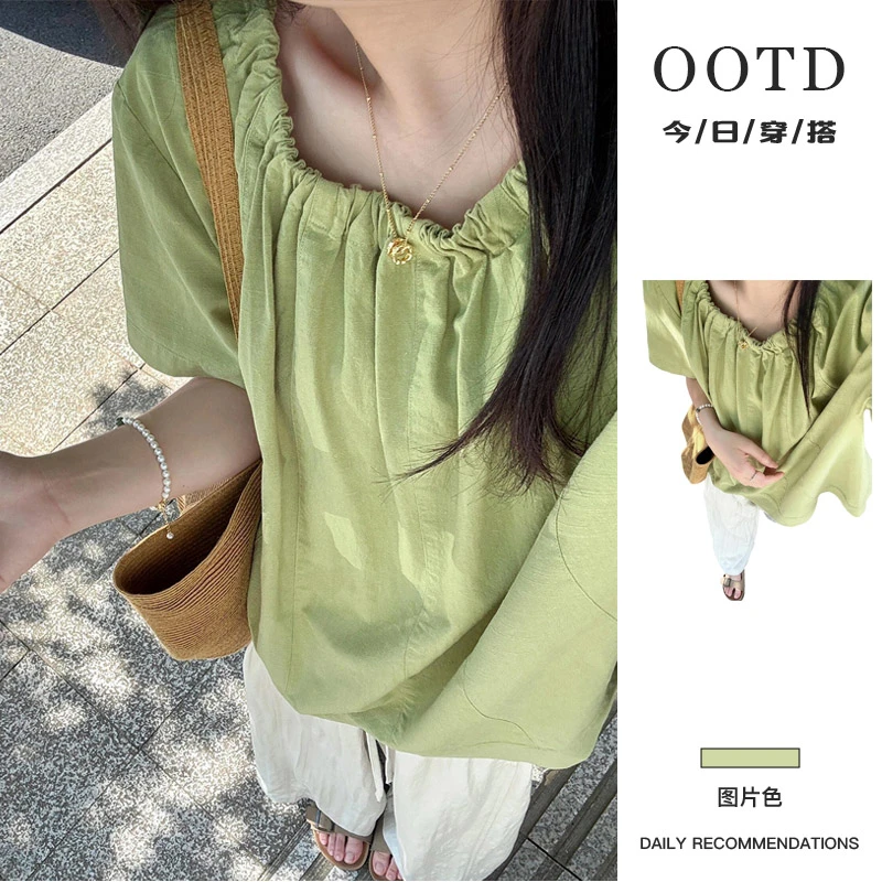 2026新款森系牛油果绿色短袖衬衫女夏季高级感绝美漂亮设计感上衣