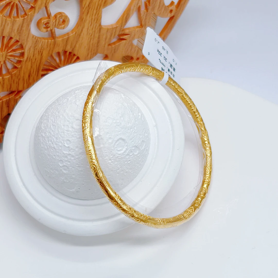 足金999古法手工錾刻手镯 吉言多宝