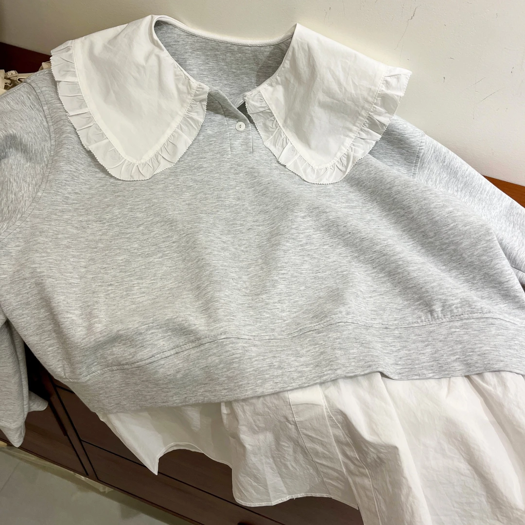 花白盆2025春季新款 娃娃领假两件卫衣