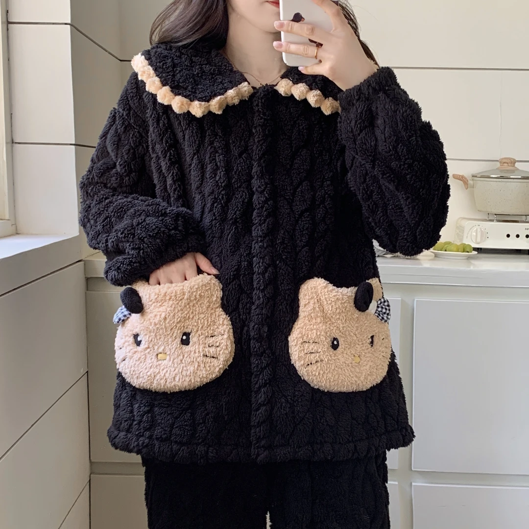 珊瑚绒睡衣女秋冬卡通加厚加绒黑色麦穗可爱学生法兰绒家居服套装