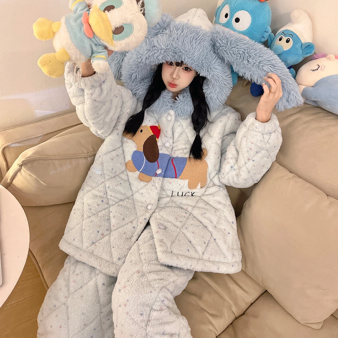 加绒加厚三层夹棉珊瑚绒半边绒套装冬睡衣女款爆款2025新款家居服