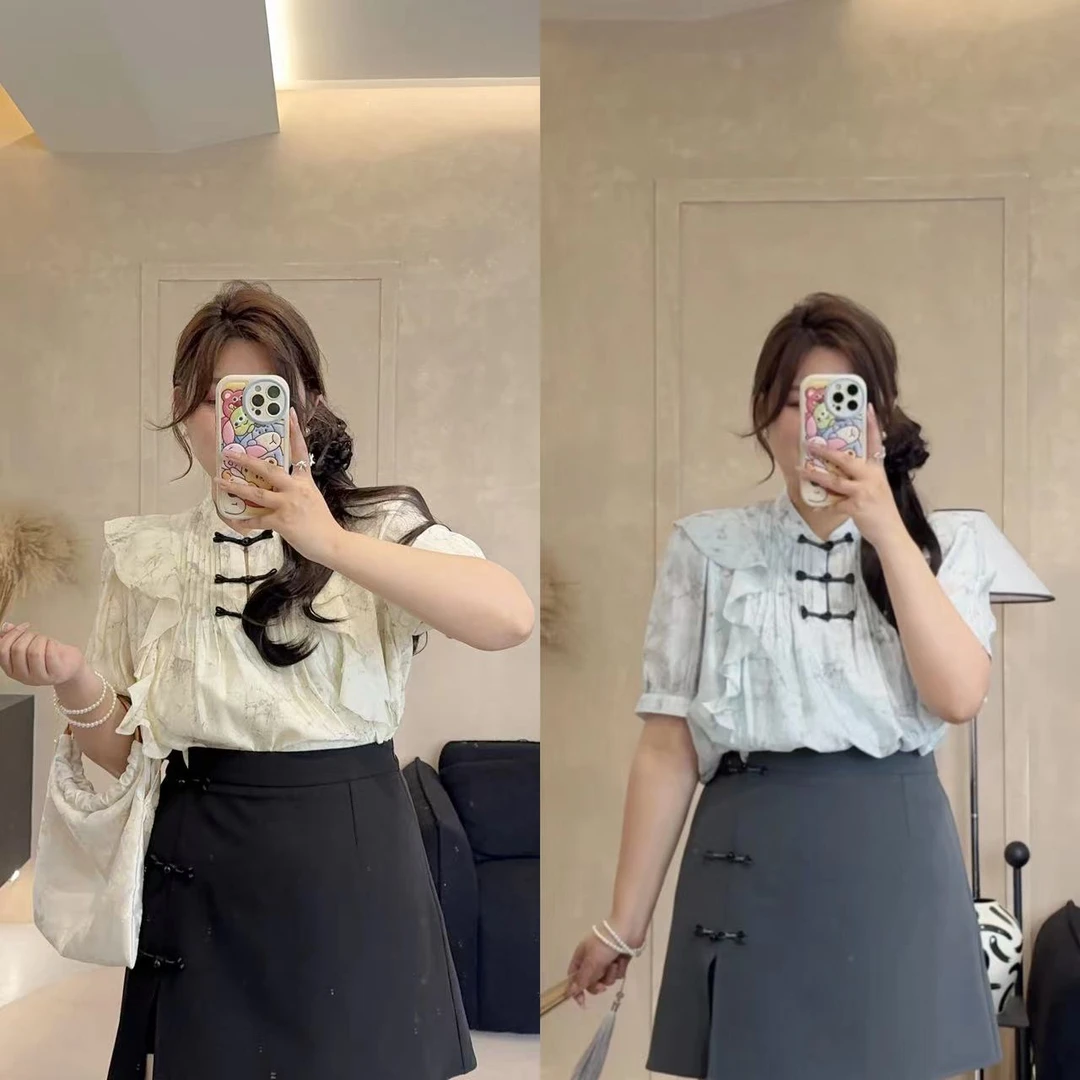 晶咕【浮世清欢-上衣】新中式盘扣荷叶边短袖衬衫气质显瘦洋气