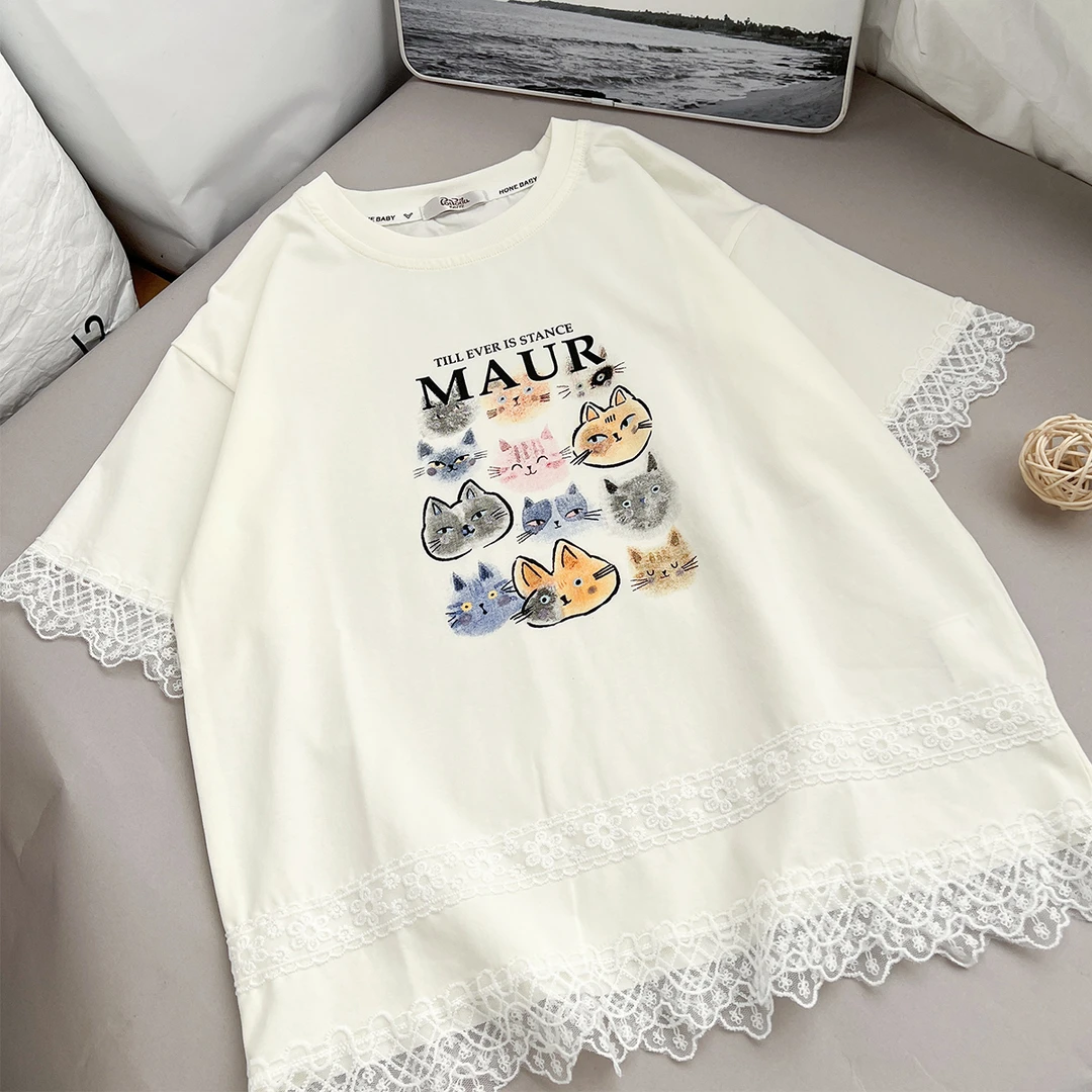 泡泡噜童装儿童夏季新款杏色女孩短袖T恤蕾丝花边小猫印花