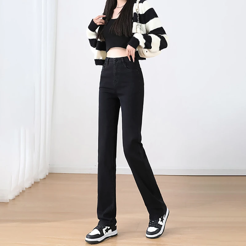 黑色窄版直筒牛仔裤女早秋季2025年新款高腰修身弹力加长烟管裤子