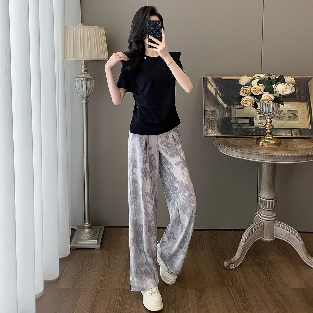 时尚简约套装女夏新款收腰显瘦圆领开叉不规则短袖印花长裤两件套