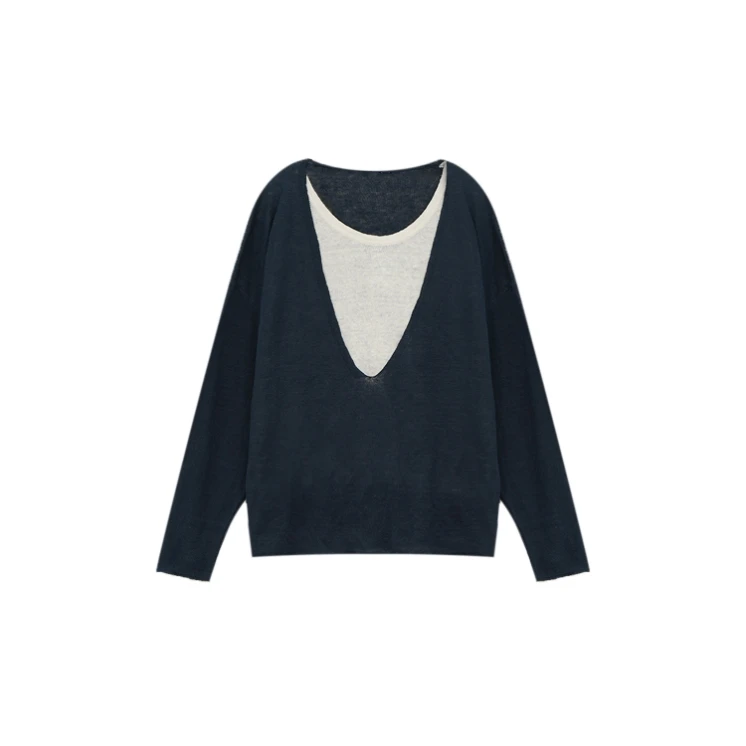 【苏大美】宽松百搭撞色亚麻长袖针织衫3Z3006301