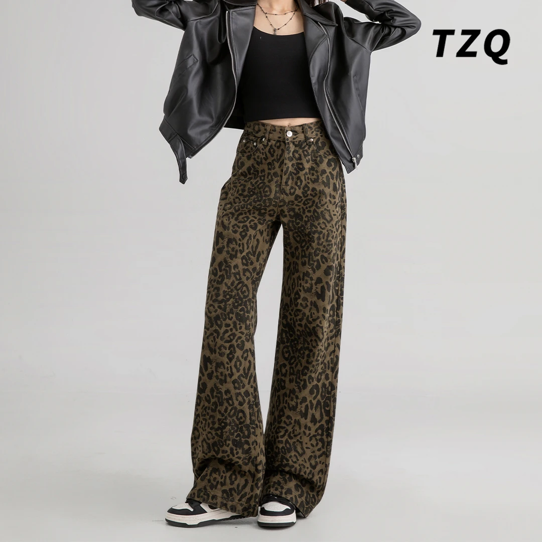 2024秋冬复古豹纹牛仔裤女新款高腰直筒宽松拖地阔腿裤TZQ80356