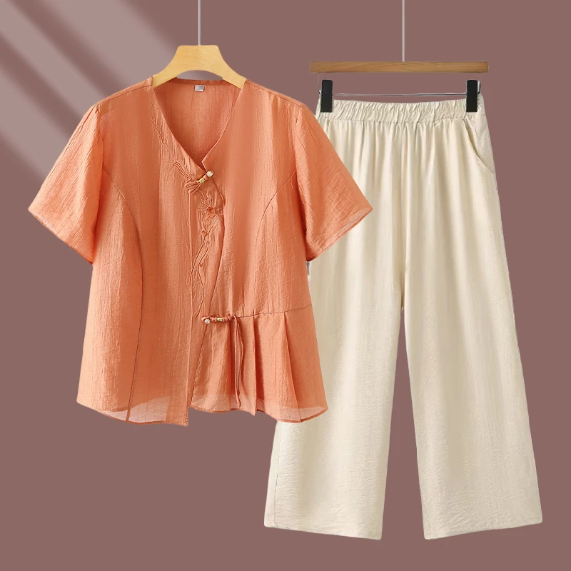 2025新款中老年女夏装套装中式国风品牌短袖小衫夏季妈妈印花套装