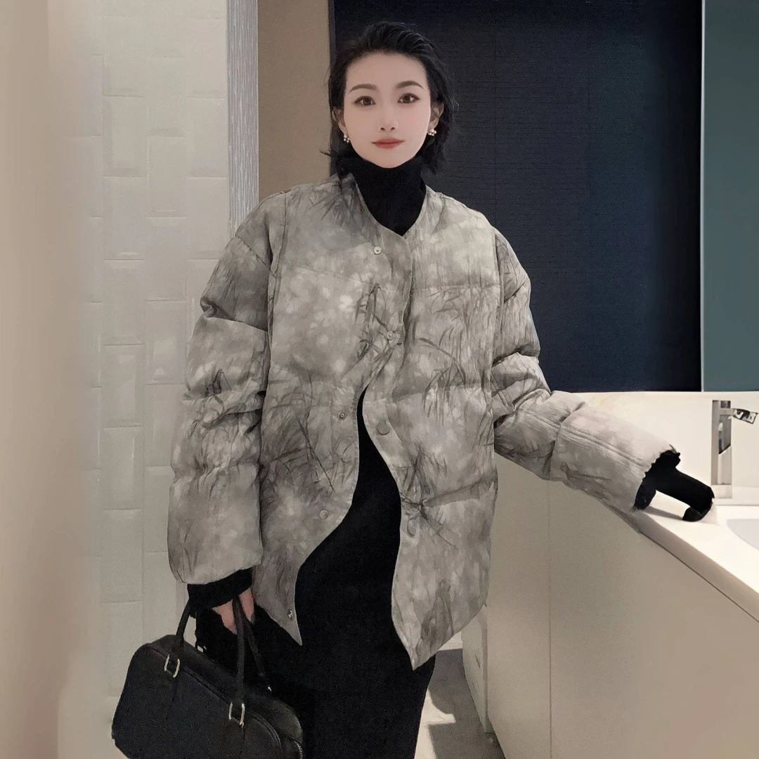 YUXI▪2025冬季新款韩版简约水墨画晕染羽绒服女