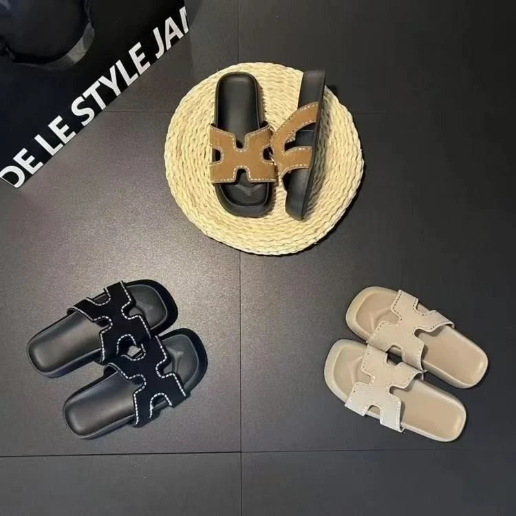 2025夏新款一字拖橡胶中跟时尚厚底休闲网红一字休闲牛反绒磨砂皮