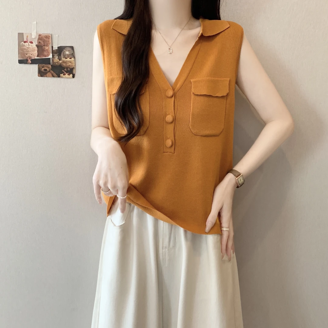 法式大码polo领薄款冰丝无袖背心T恤女夏季胖mm宽松显瘦百搭上衣