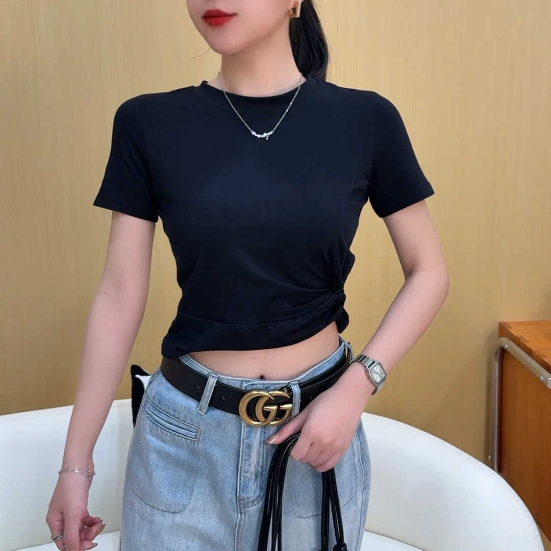 设计感小众短款短袖t恤女高腰露脐褶皱不规则修身夏季辣妹上衣潮