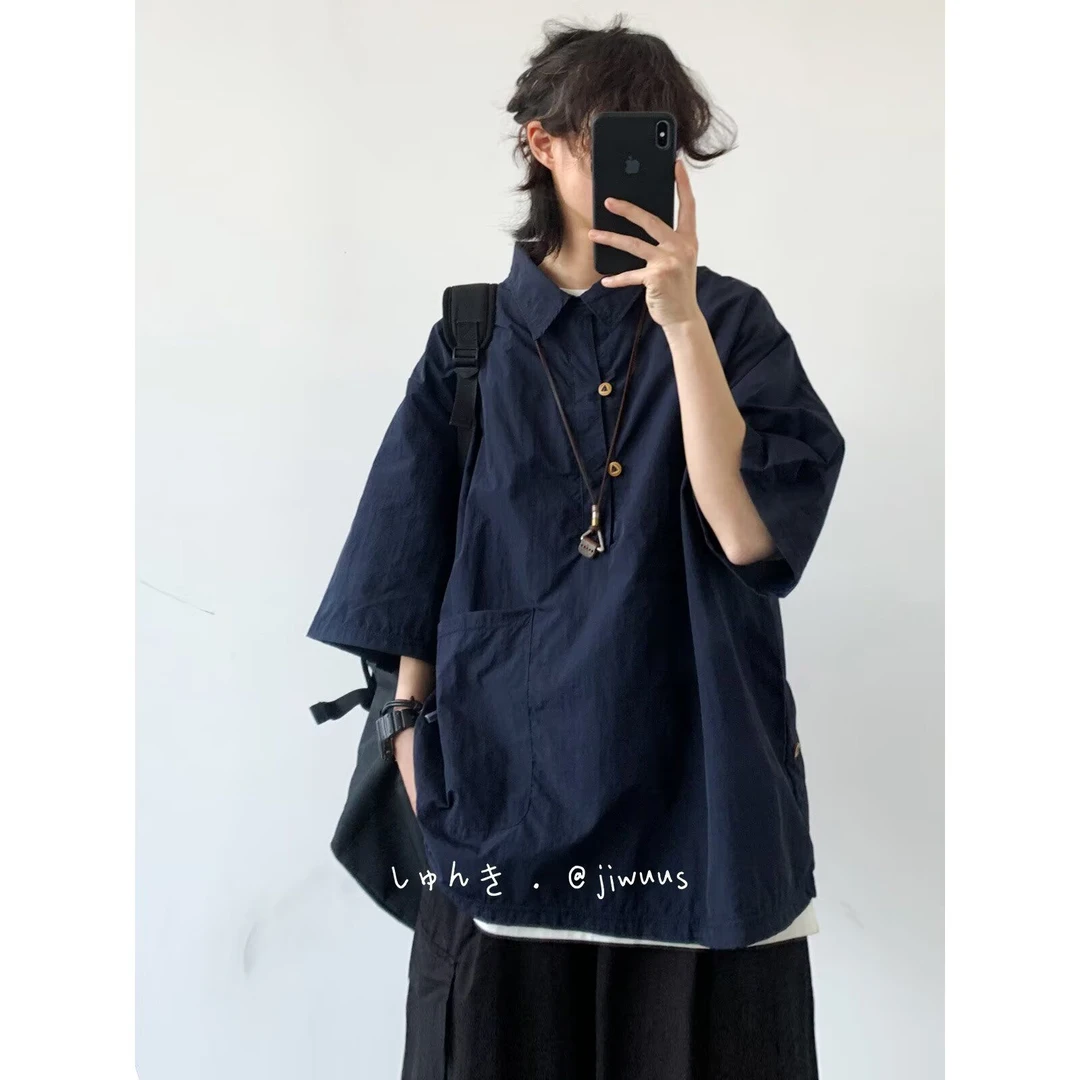 日系复古工装短袖衬衫男女cityboy夏季中性宽松休闲半袖POLO衬衣