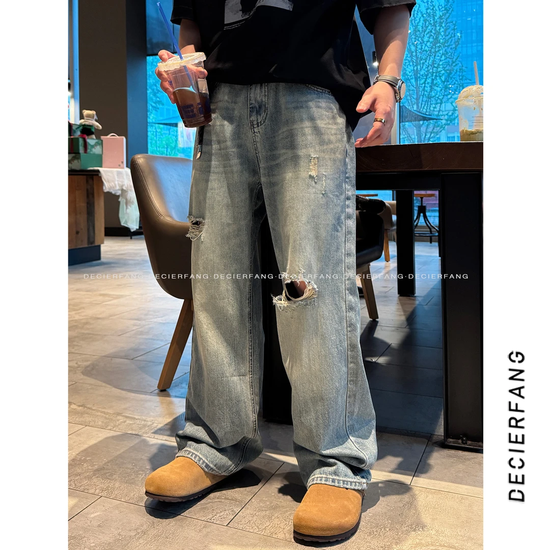 DF25 SS「做旧破坏 水洗破洞」浅蓝色牛仔裤直筒宽松设计感牛仔裤