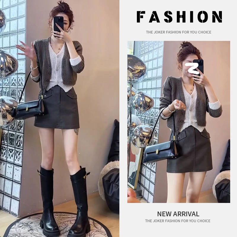 今年流行穿搭一整套2024新款秋季气质假两件针织毛衣皮短裙两件套