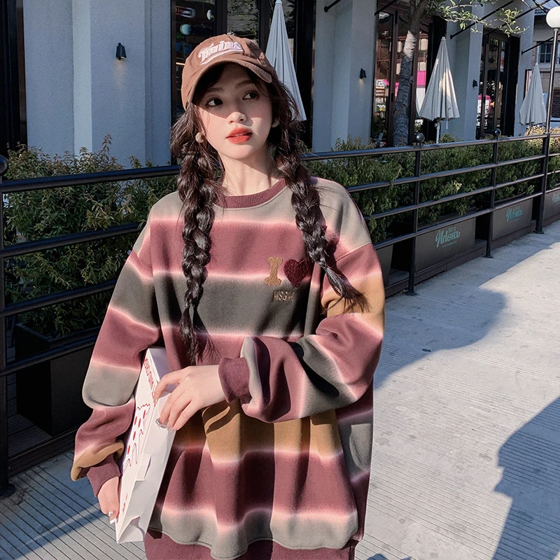圆领复古条纹卫衣女2025年春秋新款撞色宽松显瘦刺绣气质淑女上衣