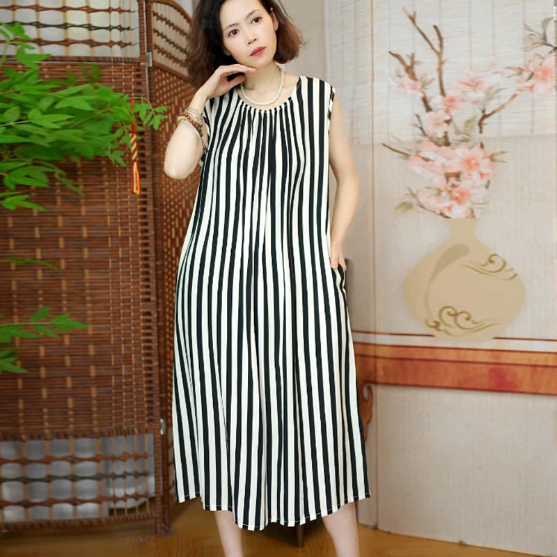 100无袖背心裙女装夏季棉绸连衣裙中长款人造棉印花宽松绵绸裙