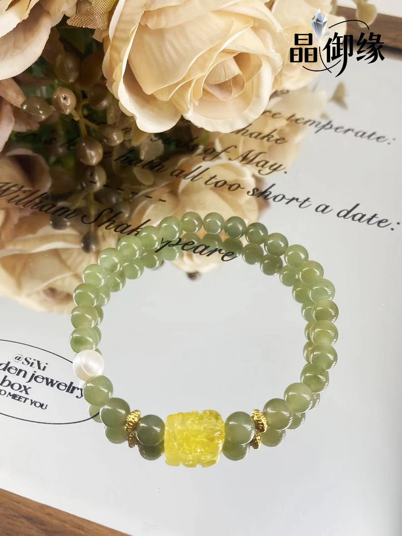 天然和田玉配蜜蜡貔貅气质百搭手串-879