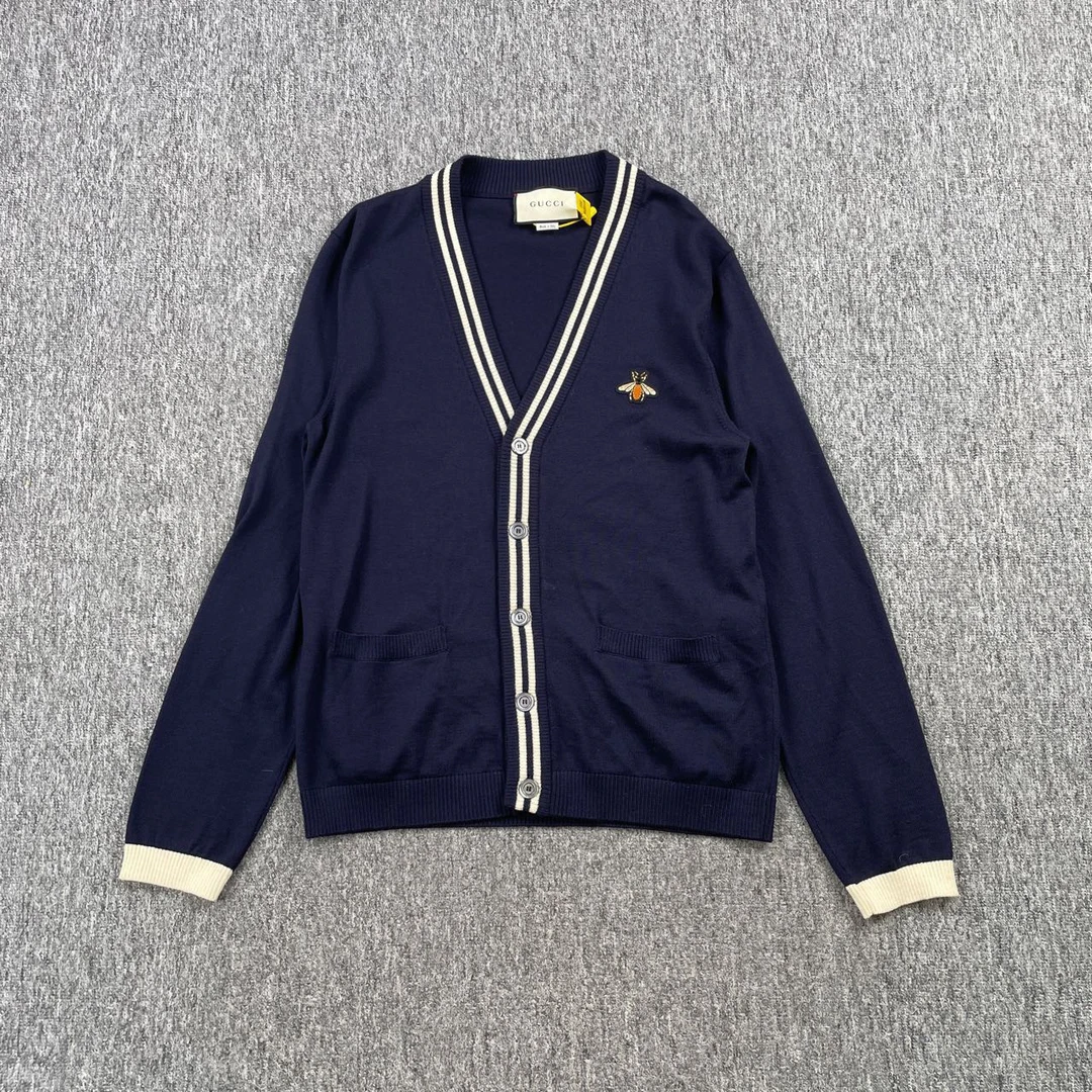 99新 GUCCI/古驰 蓝色蜜蜂图案开衫外套针织羊毛衫毛衣/XL码3599